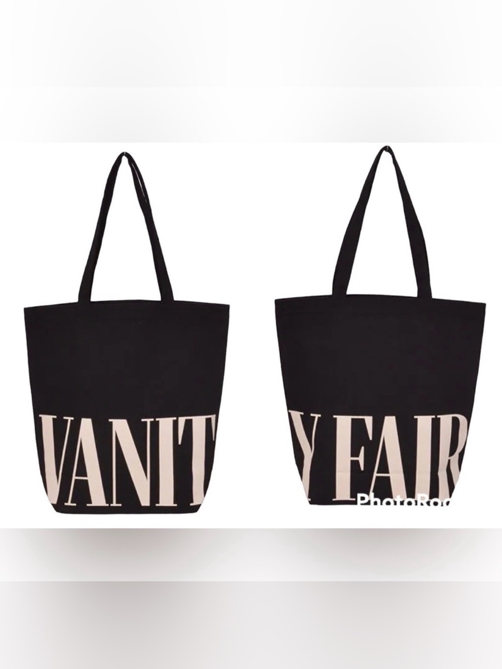 Vanity Fair Black Canvas Tote Bag with White Wrap Around Script